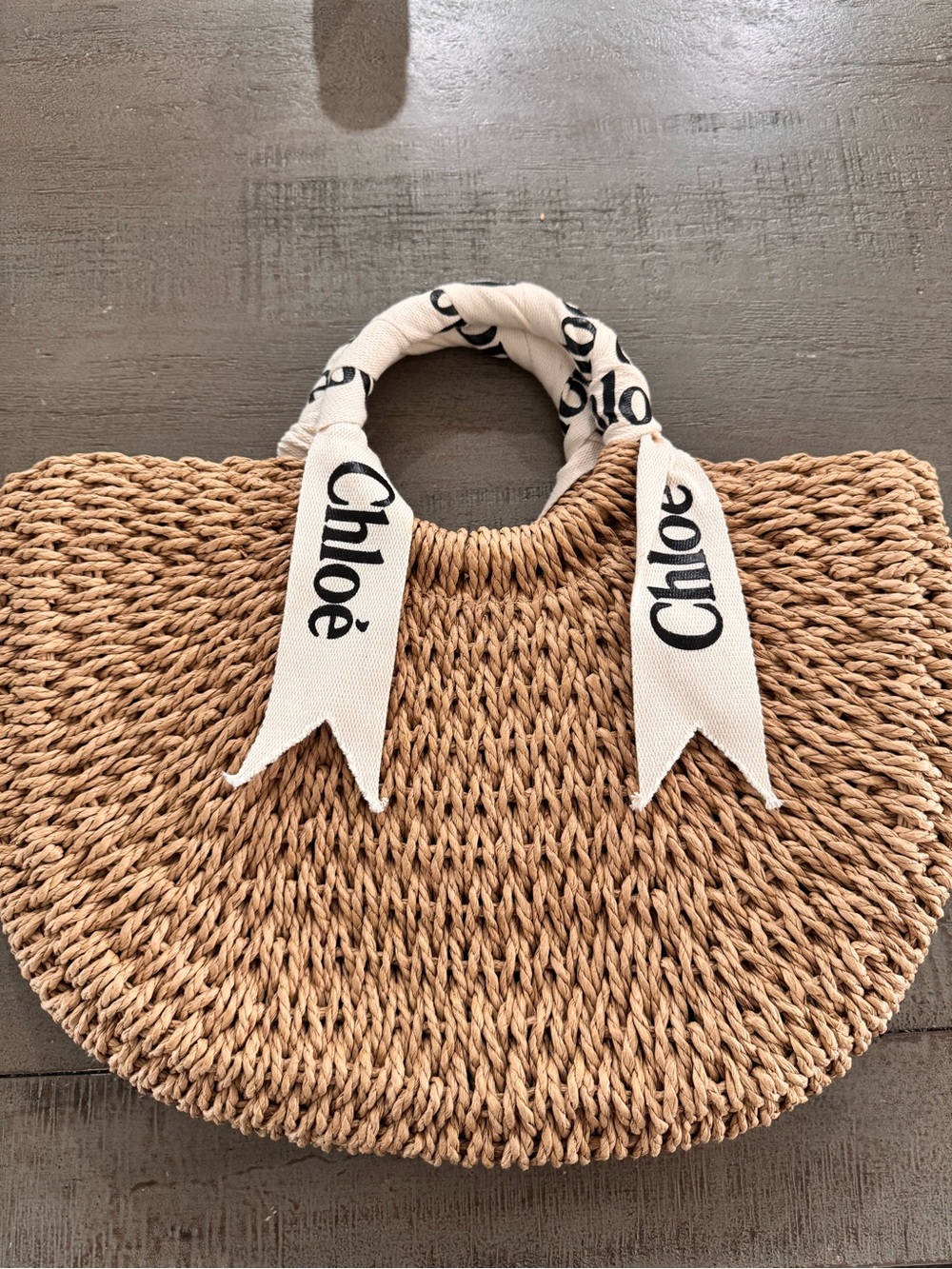 Chloé Tan Woven Straw Tote with Branded Cream Scarf Handles